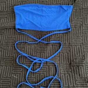 Blue Strapless Crisscross Tied Crop Top